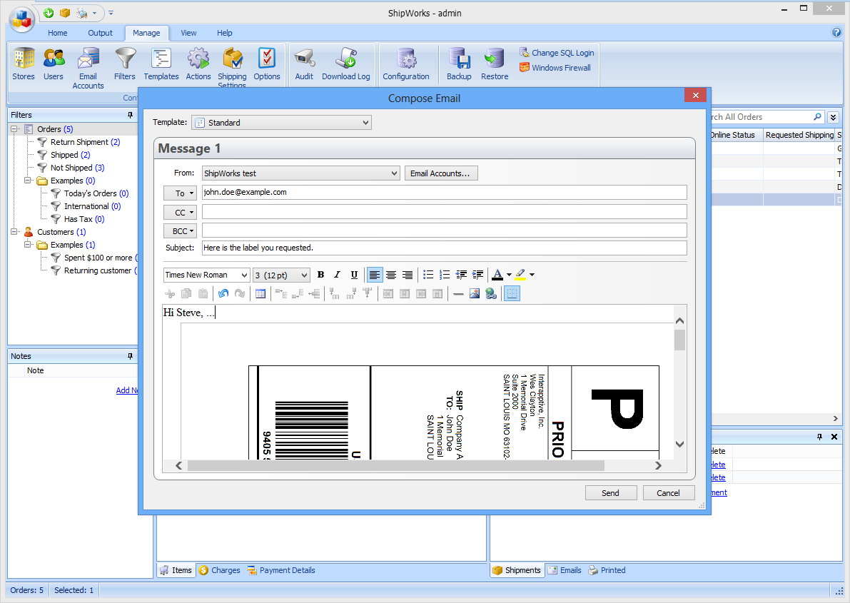 Emailing a Standard Label ShipWorks Support